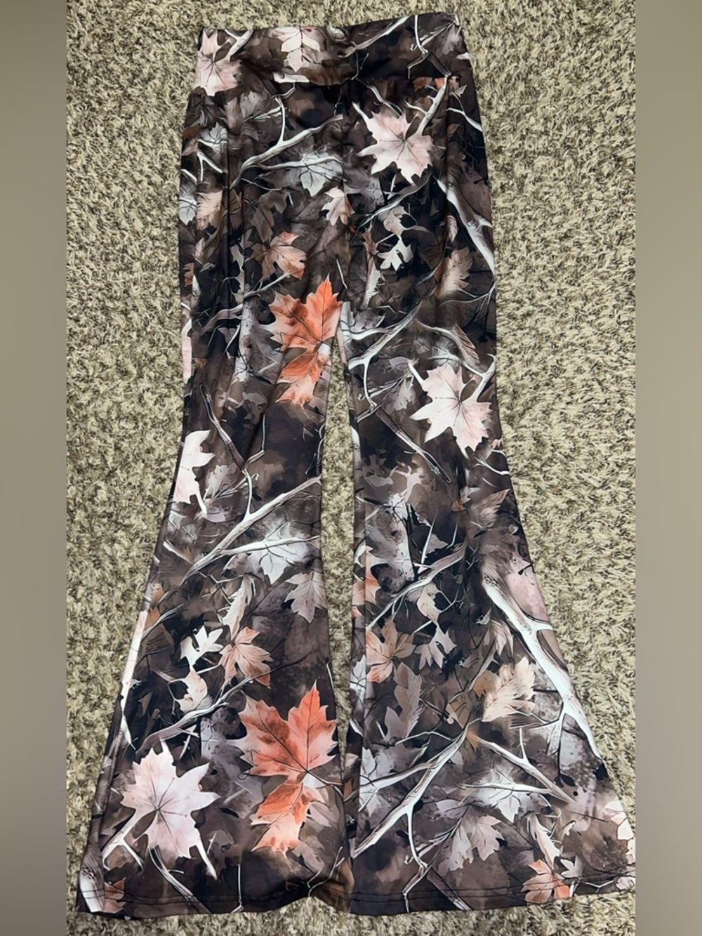 Leaf-Print Flared Jumpsuit Pants in Brown & Pink